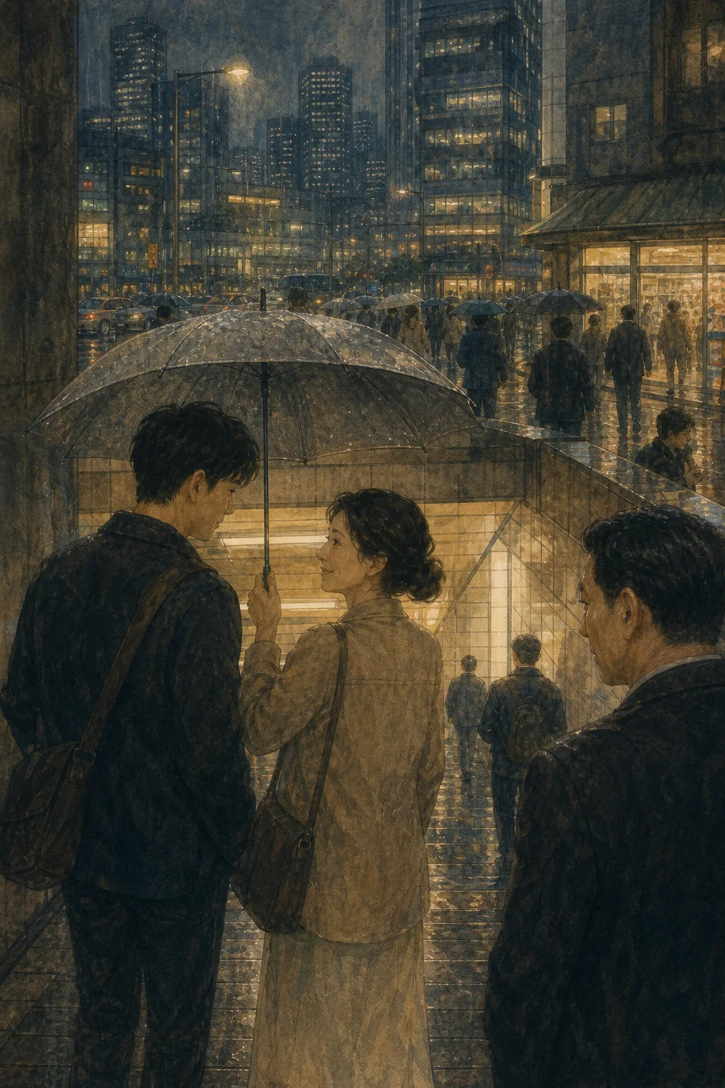 AI文学插图|雨中的地铁口